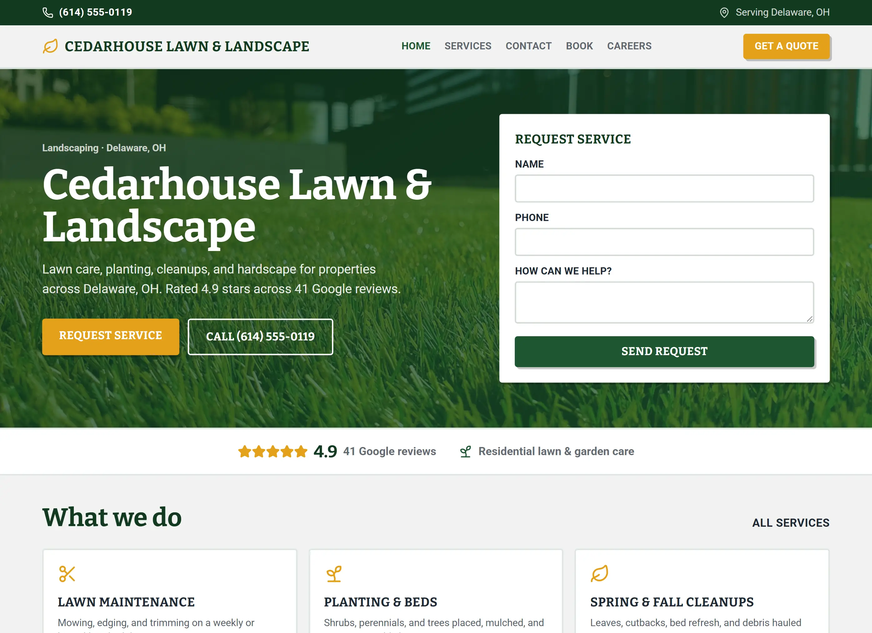 Example website for Cedarhouse Lawn and Landscape, a fictional landscaper
