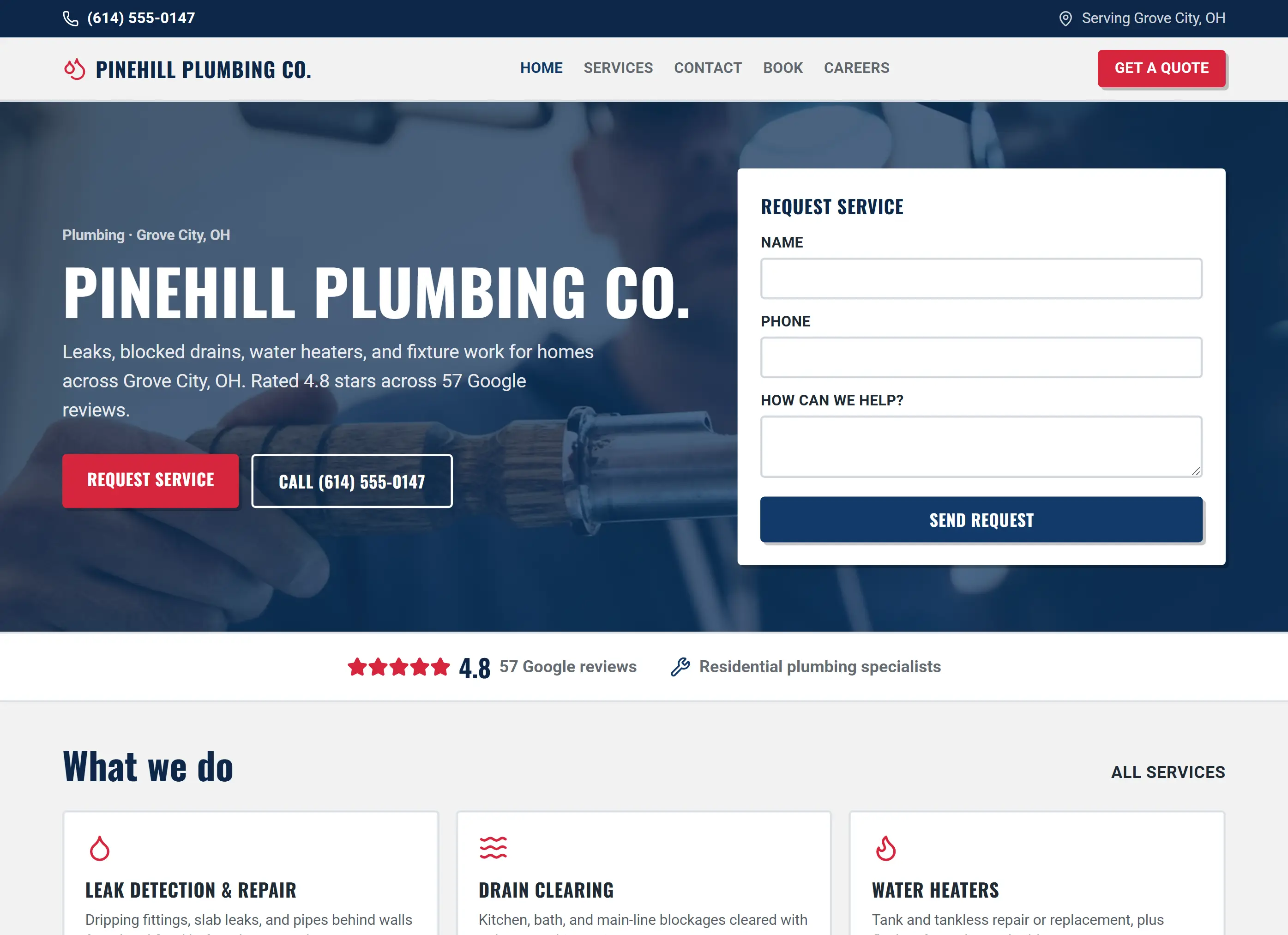 Example website for Pinehill Plumbing, a fictional plumber