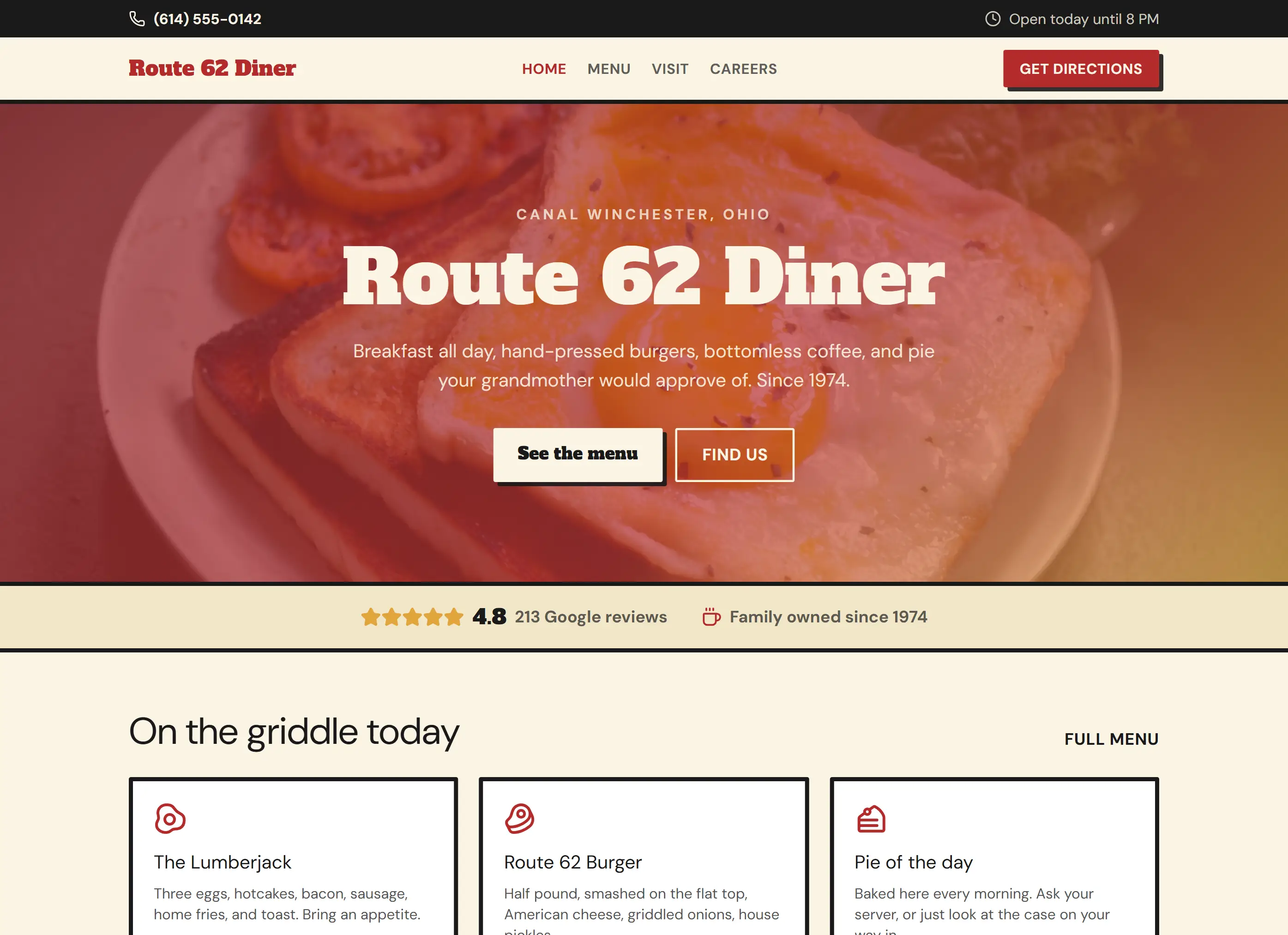 Example website for Route 62 Diner, a fictional diner